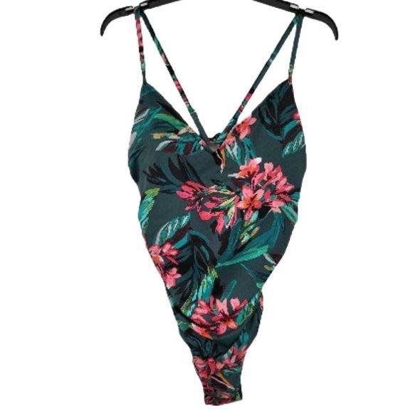 Aqua Green Floral One‎ Piece Green Pink Open Back Swimsuit Womens X Large 16 18 - Picture 1 of 5